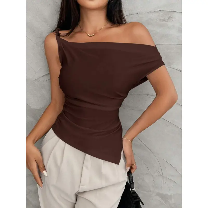 Women's Asymmetrical Slim-Fit Top With Off-The-Shoulder Side Slits For Casual Commuting