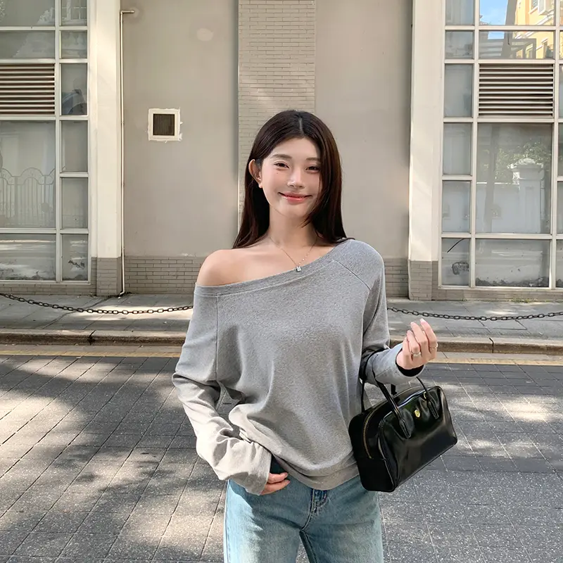 Relaxed Lazy Off-The-Shoulder Long Sleeve T-Shirt For Women Loose-Fitting Sexy And Unique Top