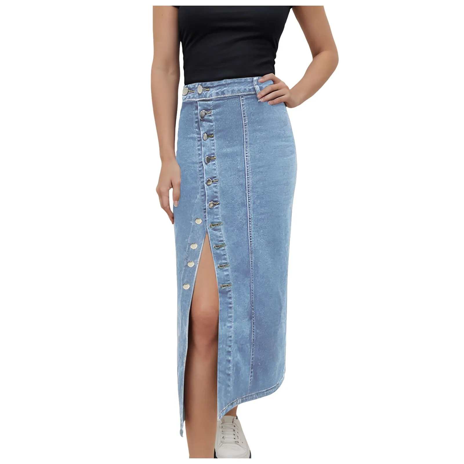 Women Casual Slit Denim Midi Jean Skirt Stretch Hi...