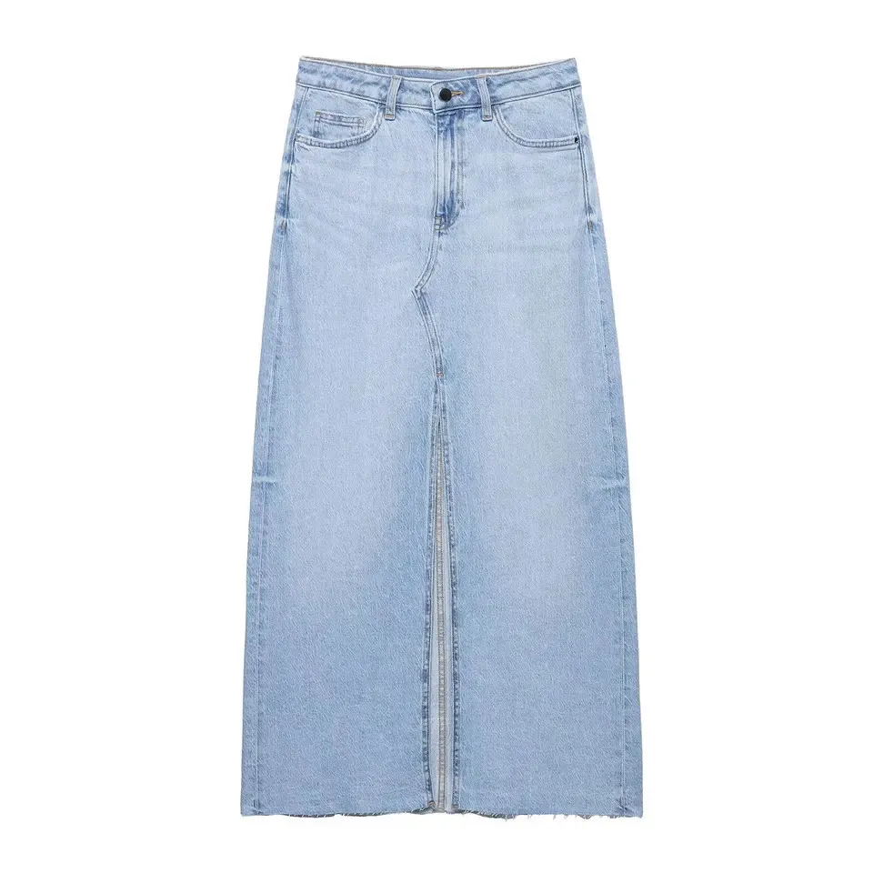 Women Denim Slit Straight Midi Skirt Front Zipper High Waist Female Elegance Chic Lady Casual Long Skirts