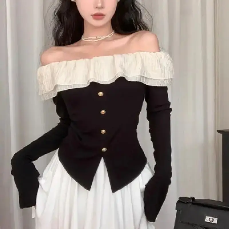 Women's Off-The-Shoulder Shirt Sexy Fashion Street Slant Neck Slim Fit T-Shirt French Top