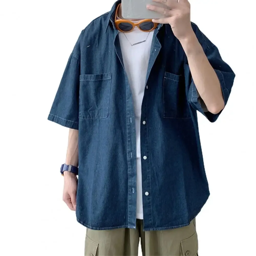 Denim Short Sleeve Shirts Men Summer Thin Fashion Top Vintage Baggy Casual Men