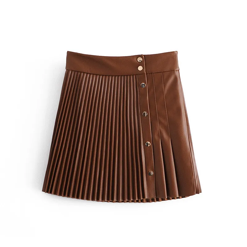 Solid Pu Leather Skirt High Waist Buttons Elegant Mini Pleated Asymmetrical Fashion