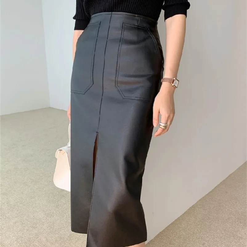 Women PU Leather Skirts High Waist Pockets Package Hip Skirt Female Front Split Zipper
