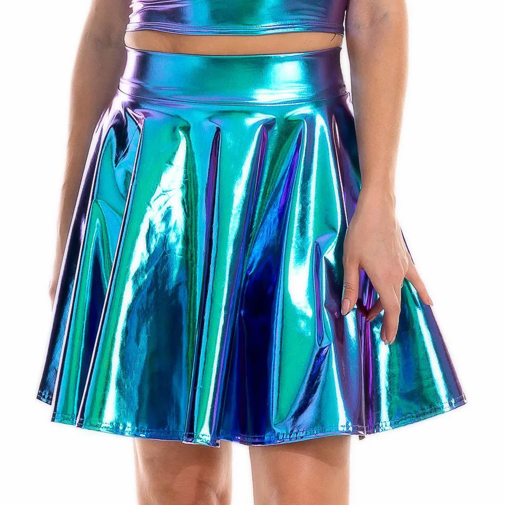 Sexy Laser High Waist Mini PU Leather Skirt Club Party Dance Shiny Skirts JK Metallic Pleated Skirts