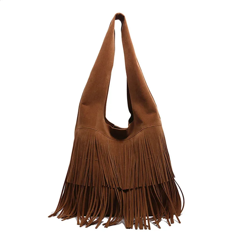 Women Suede Fringe Messenger Bag Tote Large Capacity Tassel Shoulder Bag Retro Vintage Bag Solid Color
