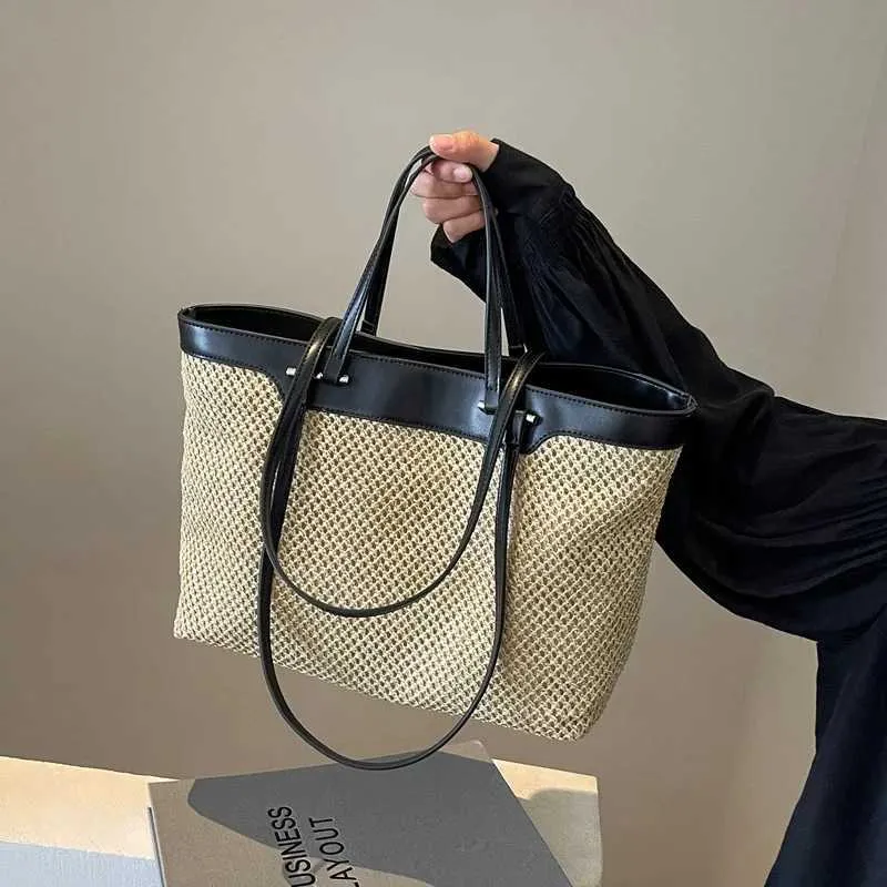 Large Capacity Straw Bags Women Fashion Patchwork Woven Tote Bag Basket Handbags Female Casual Shopping Shoulder Bag