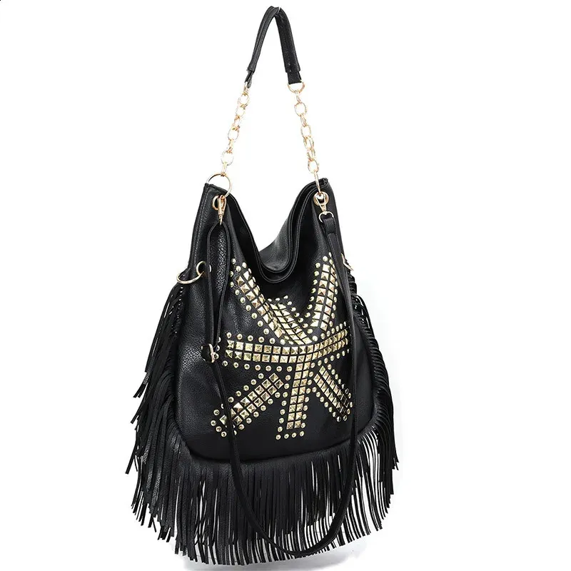Trendy Fashion Punk Casual High-capacity Rivet Tassel Shoulder Soft Leather Women