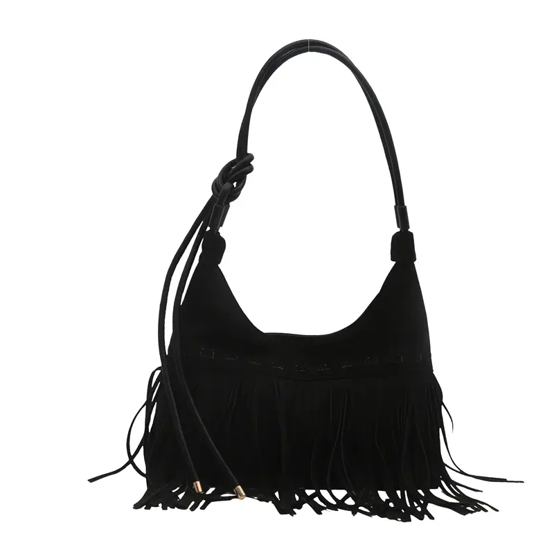Vintage Fringe Crossbody Bag Fashion Suede Handbag Trendy Tassel Crescent Bag For Women