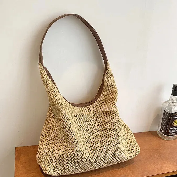 Straw Woven Tote Bags Casual Large Capacity Handbags Beach Women Shoulder Simple Style Straw Bags