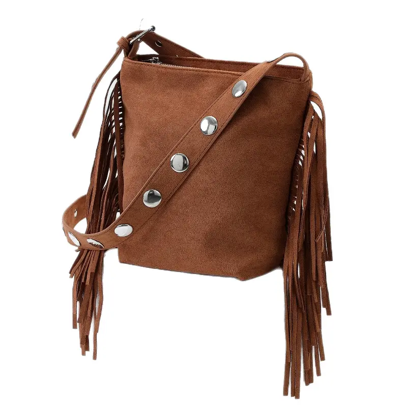 Shoulder Strap Tassel Bucket Bag Suede Large Rivetm Personalized Crossbody Bag For Women