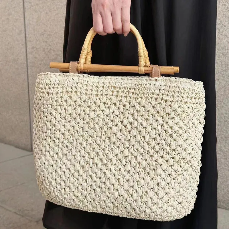 Wooden Handle Straw Bag Handmade Paper Rope Woven Handbags Travel Beach Bags For Women Hollow Shopper Tote