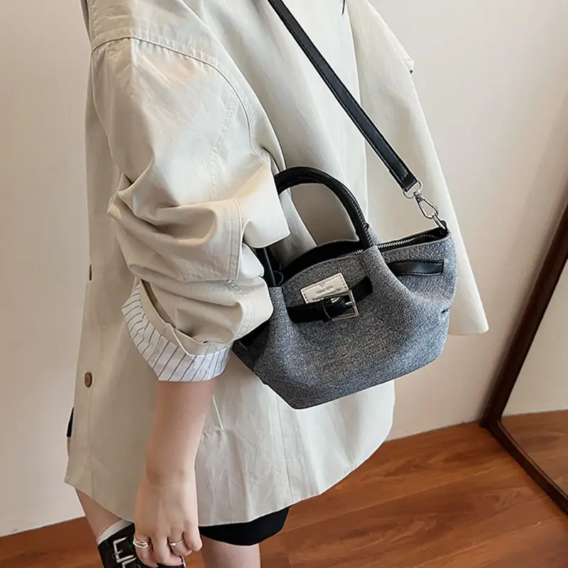 Fashion Women's Denim Handbag Contrast Color Design Crossbody Bag Casual Pleated Bucket Bag