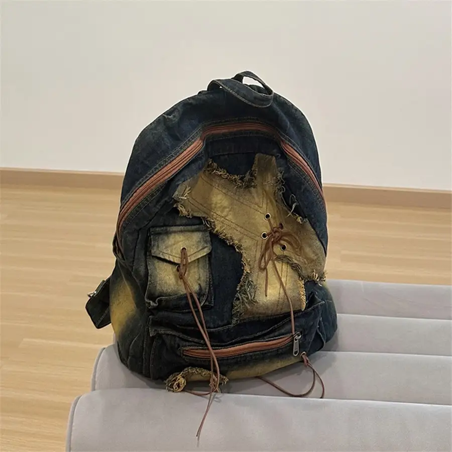Washed Denim Travel Backpack Large Capacity School Bag for Women