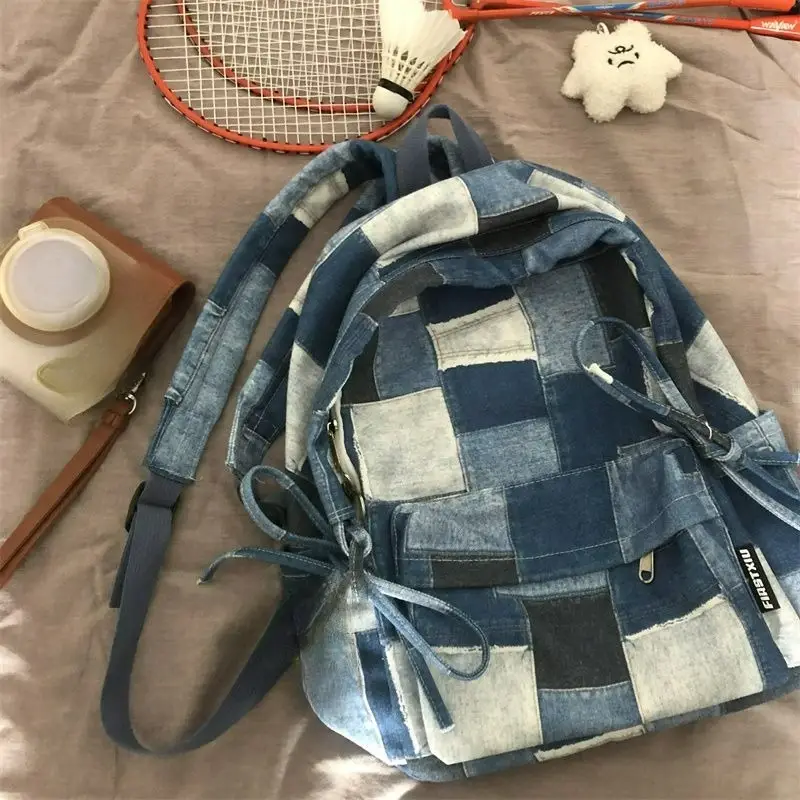 Women’s Large-Capacity College-Style Backpack Retro Contrast-Color Denim Backpack