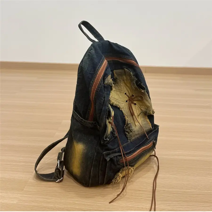 Washed Denim Travel Backpack Large Capacity School...