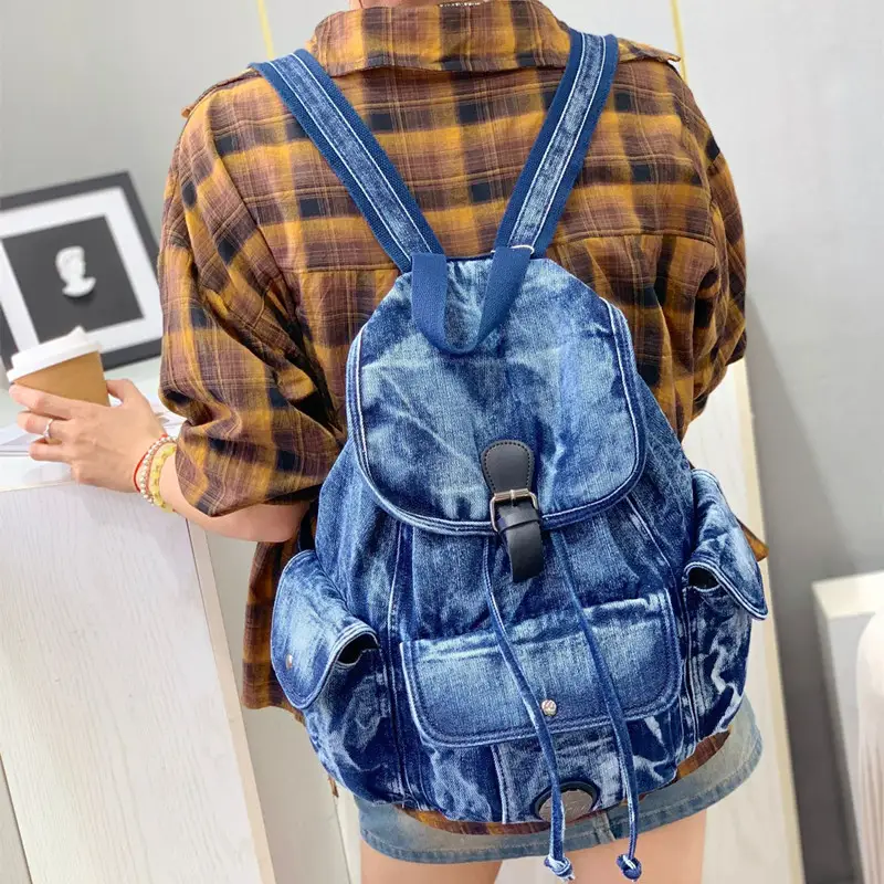 Retro Washed Denim Casual Backpack for Women