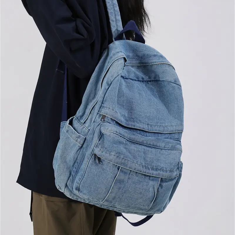 Women’s Fashion Large Denim Backpack Solid Color Style