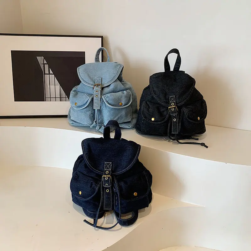 Women’s Fashion Denim Backpack Solid Color Retro Simple Travel Backpack