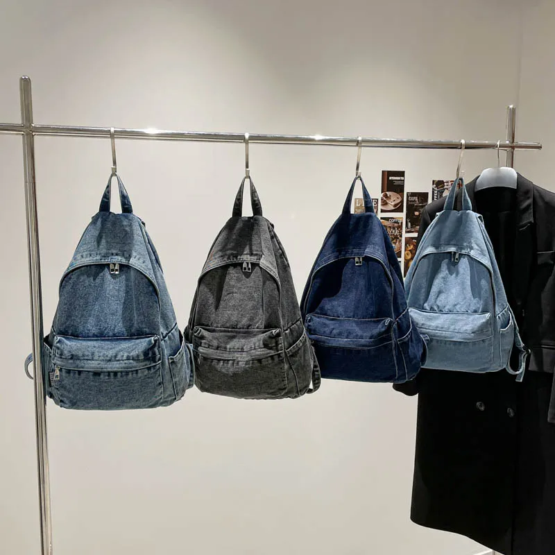 Solid Color Denim Backpack Casual Women Everyday Carry