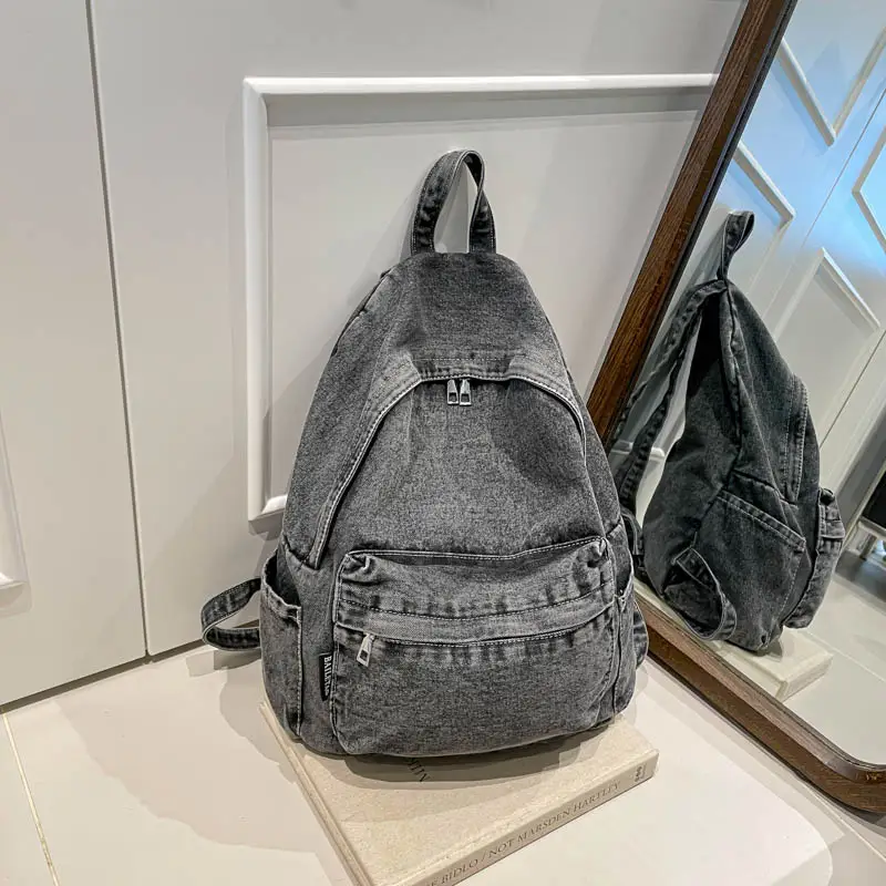 Solid Color Denim Backpack Casual Women Everyday C...
