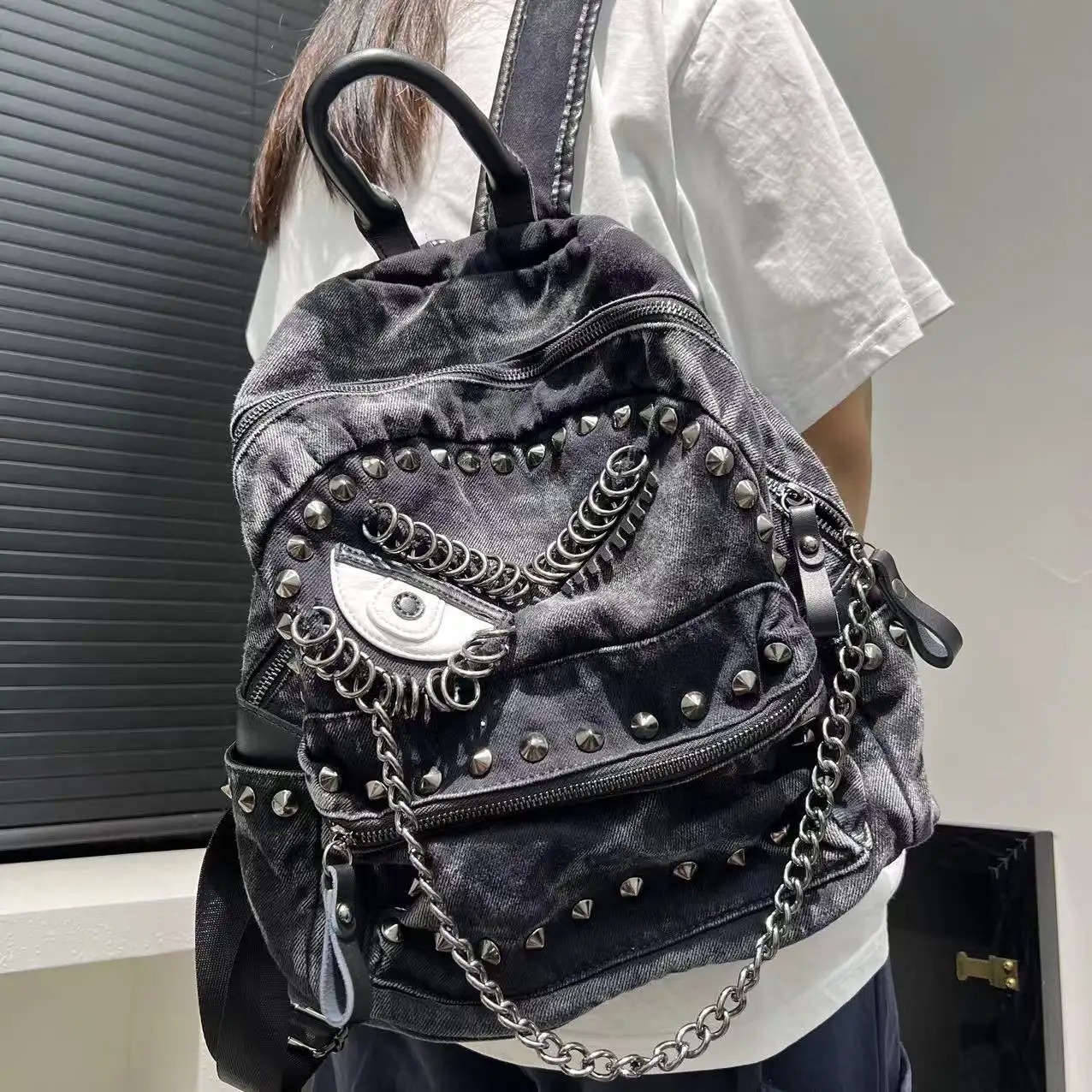 Denim Backpack with Rivet and Chain Accents Large ...