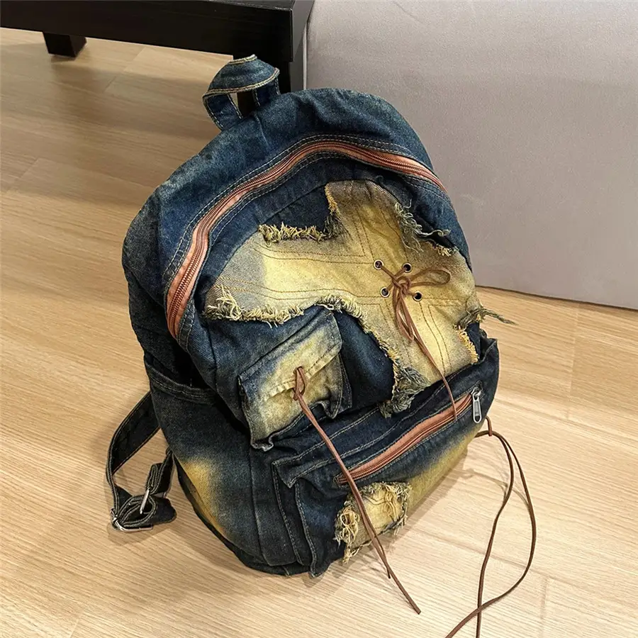 Washed Denim Travel Backpack With Large Capacity School Bag For Women