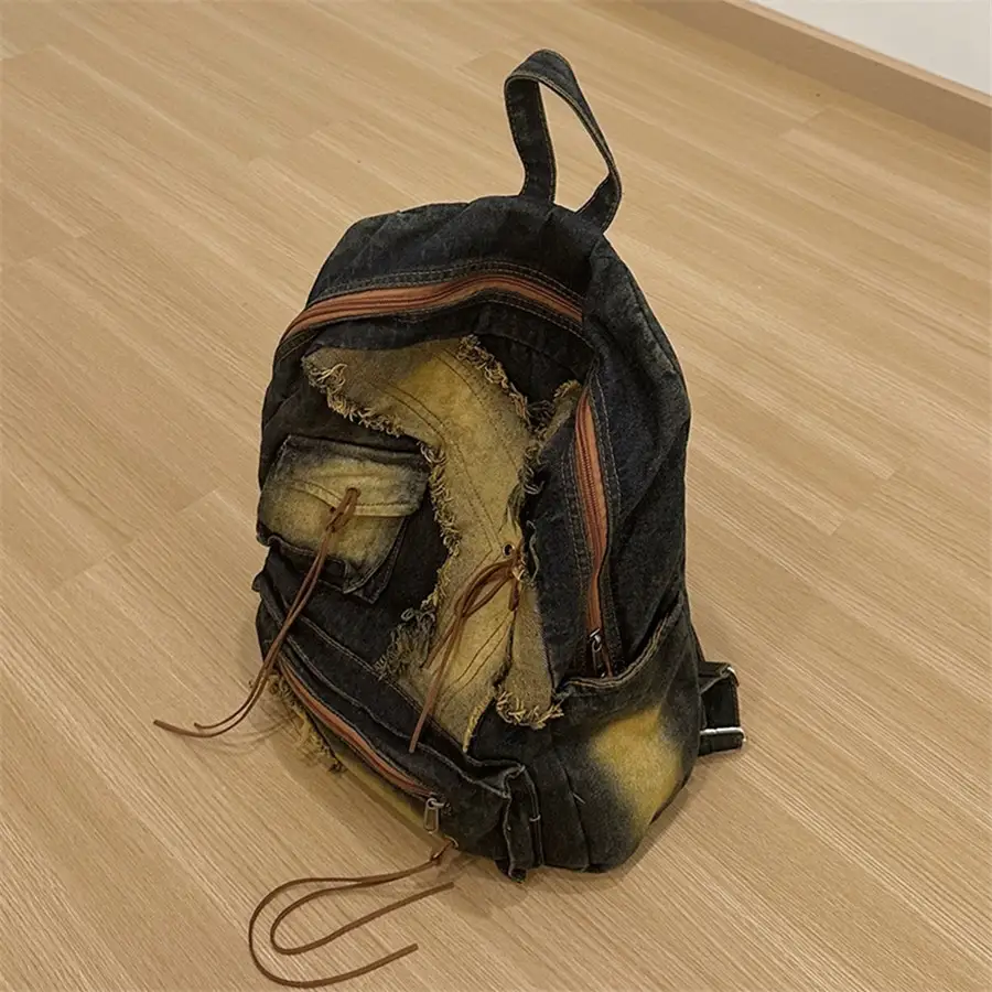 Washed Denim Travel Backpack Large Capacity School Bag for Women