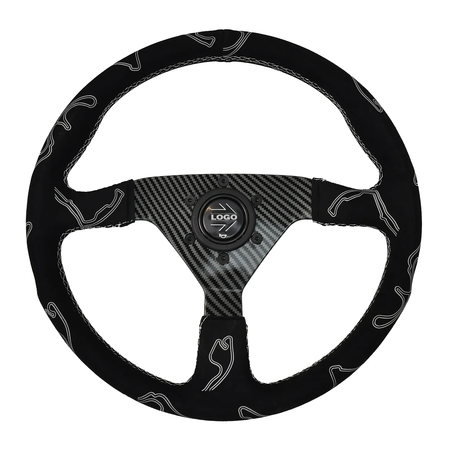Black Leather With Suede Stitching And A Unique High-Grip Racing Steering Wheel Black Leather With Suede Stitching And A Unique High-Grip Racing Steering Wheel