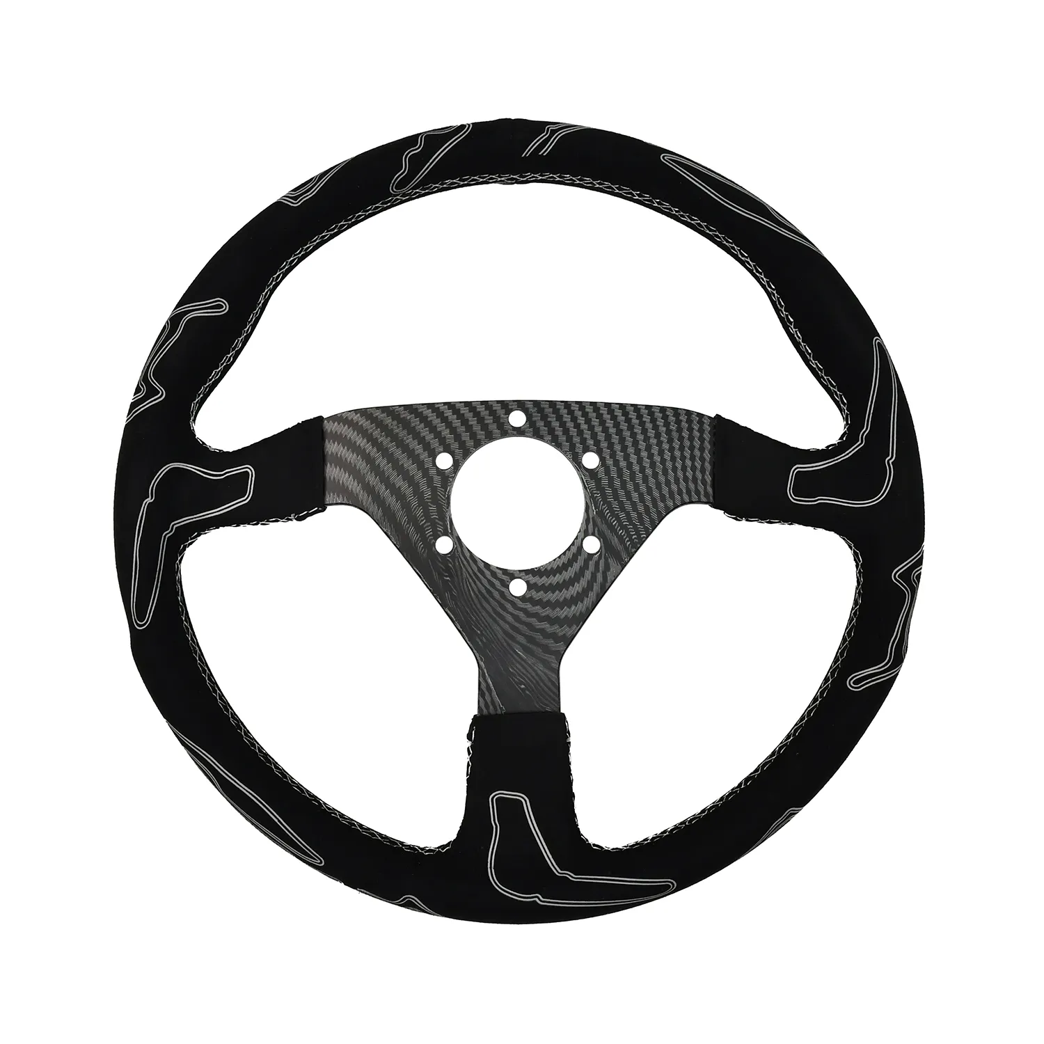 Black Leather With Suede Stitching And A Unique High-Grip Racing Steering Wheel Black Leather With Suede Stitching And A Unique High-Grip Racing Steering Wheel