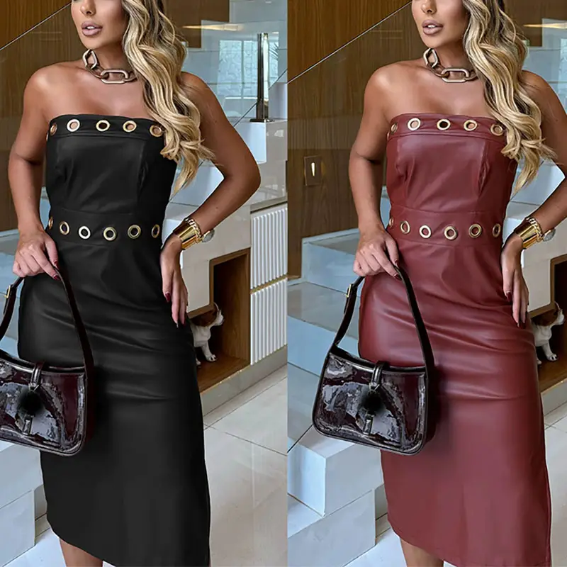 Fashion Street Leather Women's Hip Hugging Skirt Sexy Off Shoulder Slim Slit Dress