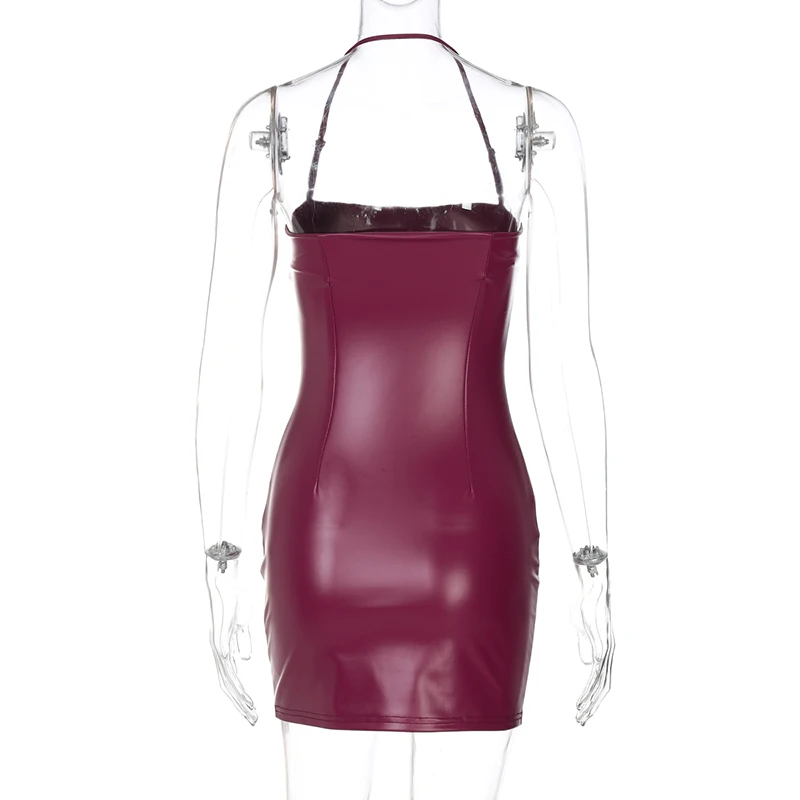 Sexy Burgundy Faux Leather Dress Women Halter Backless Bodycon Mini Dress Night Club Dress