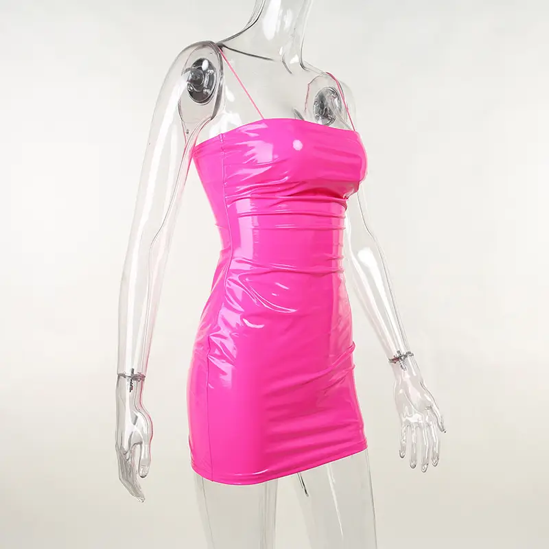 Sexy PU Leather Dress Women Strapless Spaghetti Strap Fashion Club Wear Bodycon Mini Dresses