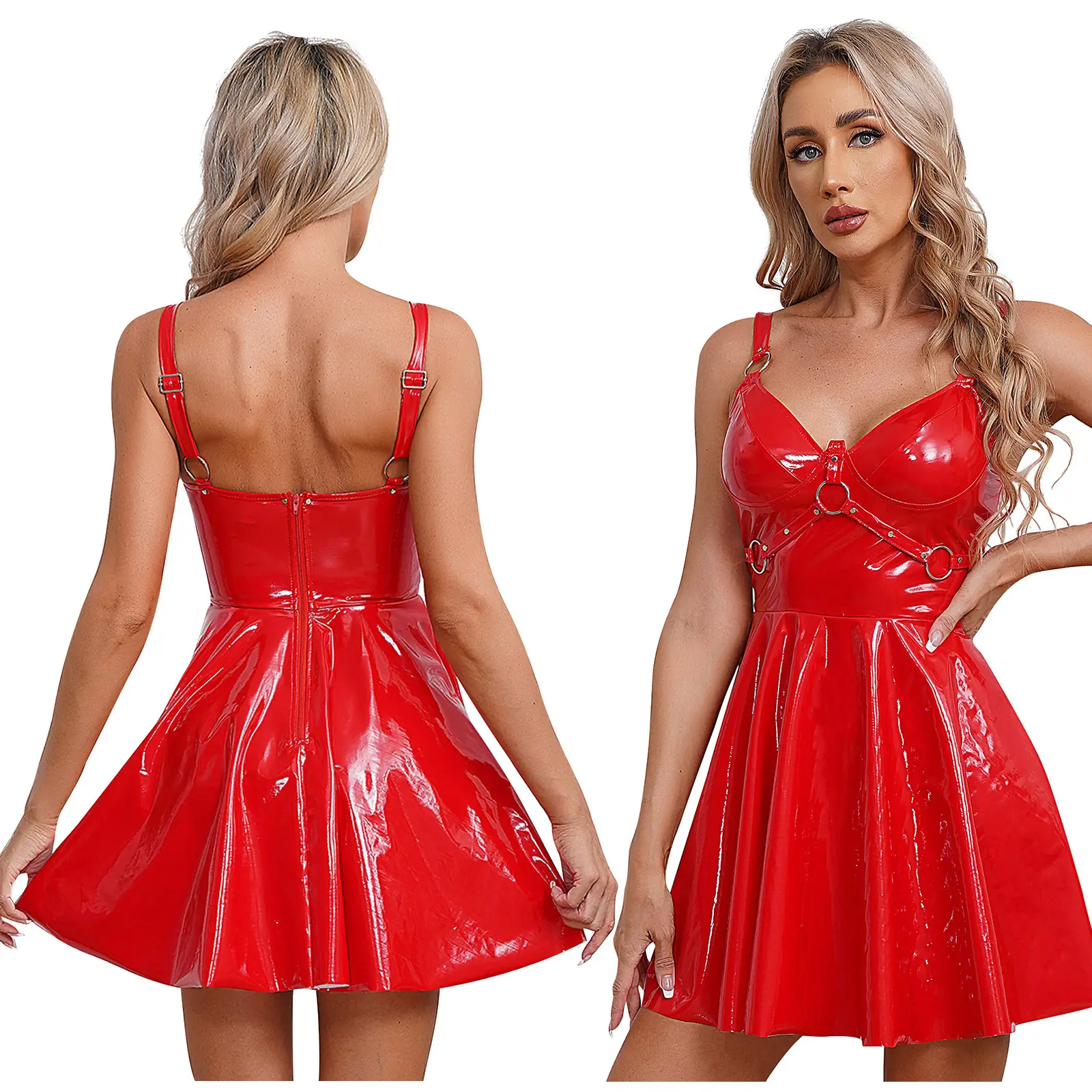 Women Patent Leather Slip Latex Dress A-line Back ...