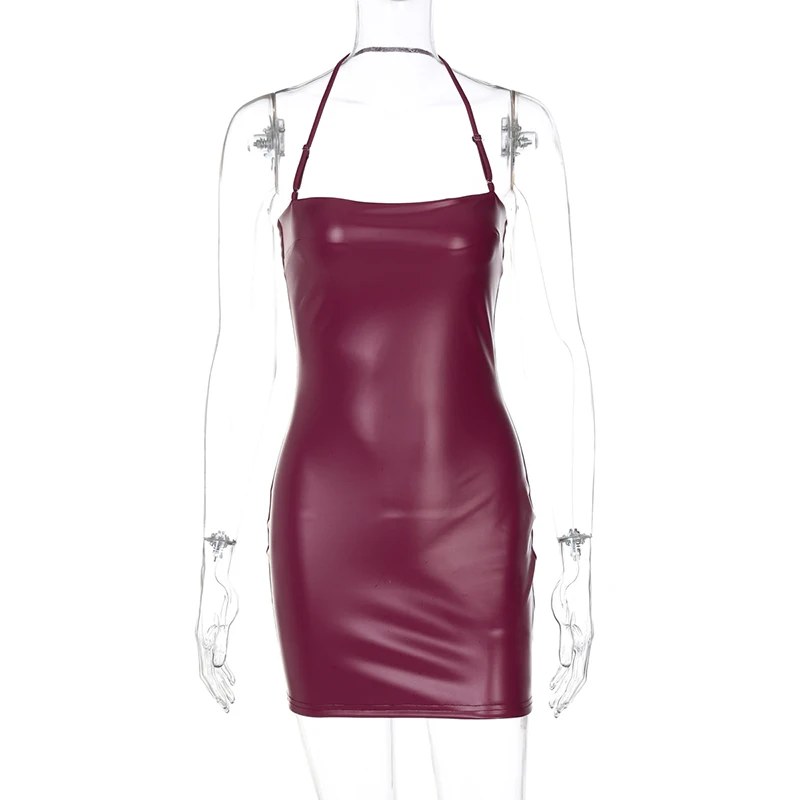 Sexy Burgundy Faux Leather Dress Women Halter Back...