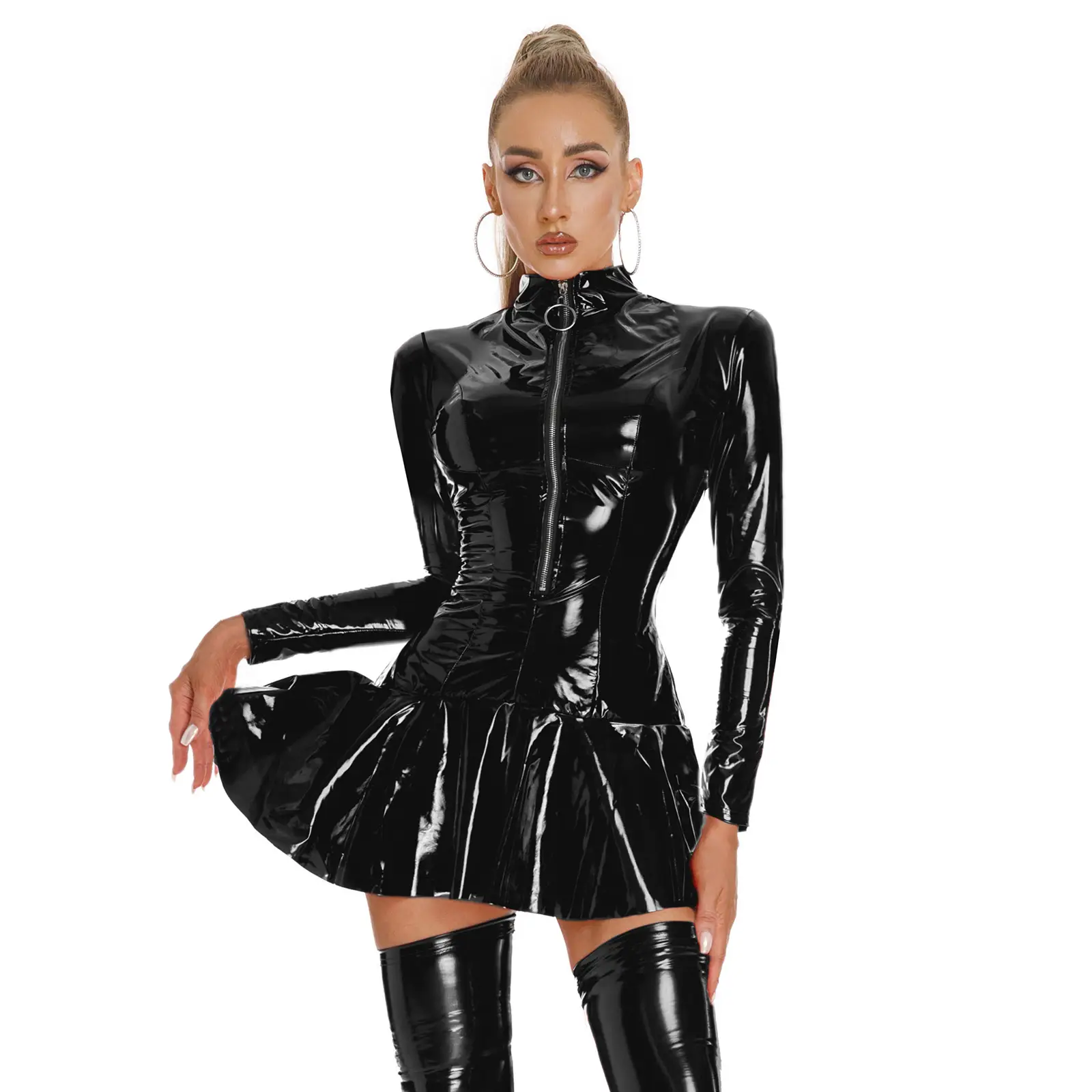Women's Latex Leather Bodycon Dress Turtleneck Fro...