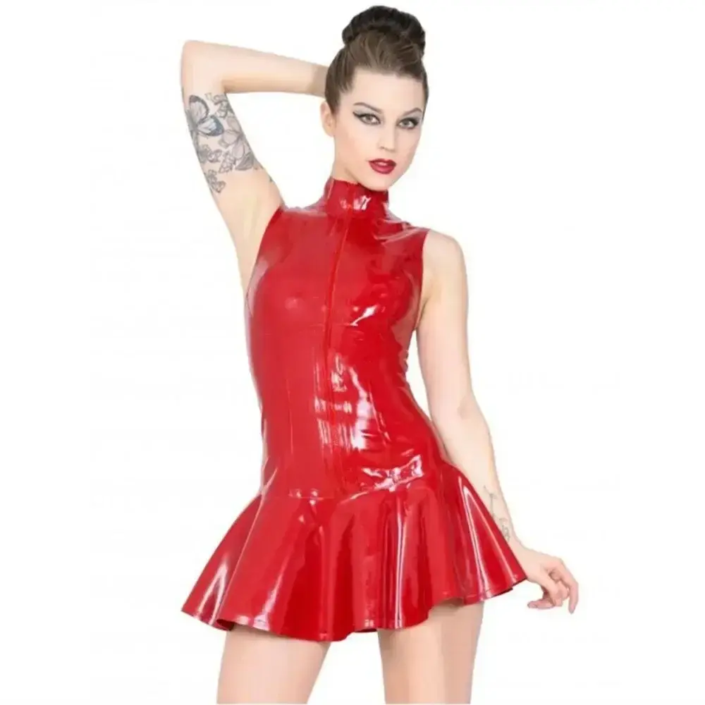 Women Sexy Shiny Leather Dress Sleeveless Zipper Latex Sheath Pleated Umbrella Skirt