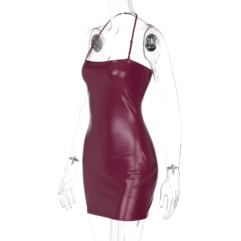 Sexy Burgundy Faux Leather Dress Women Halter Backless Bodycon Mini Dress Night Club Dress