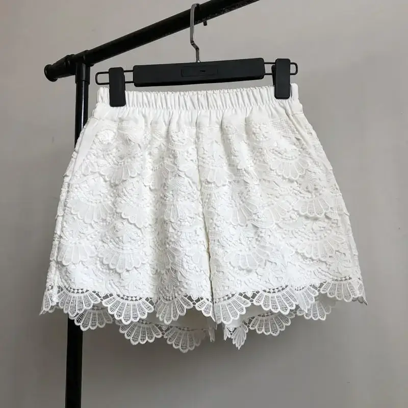 Lace Shorts Women's High Waisted Elastic Wide Leg Shorts