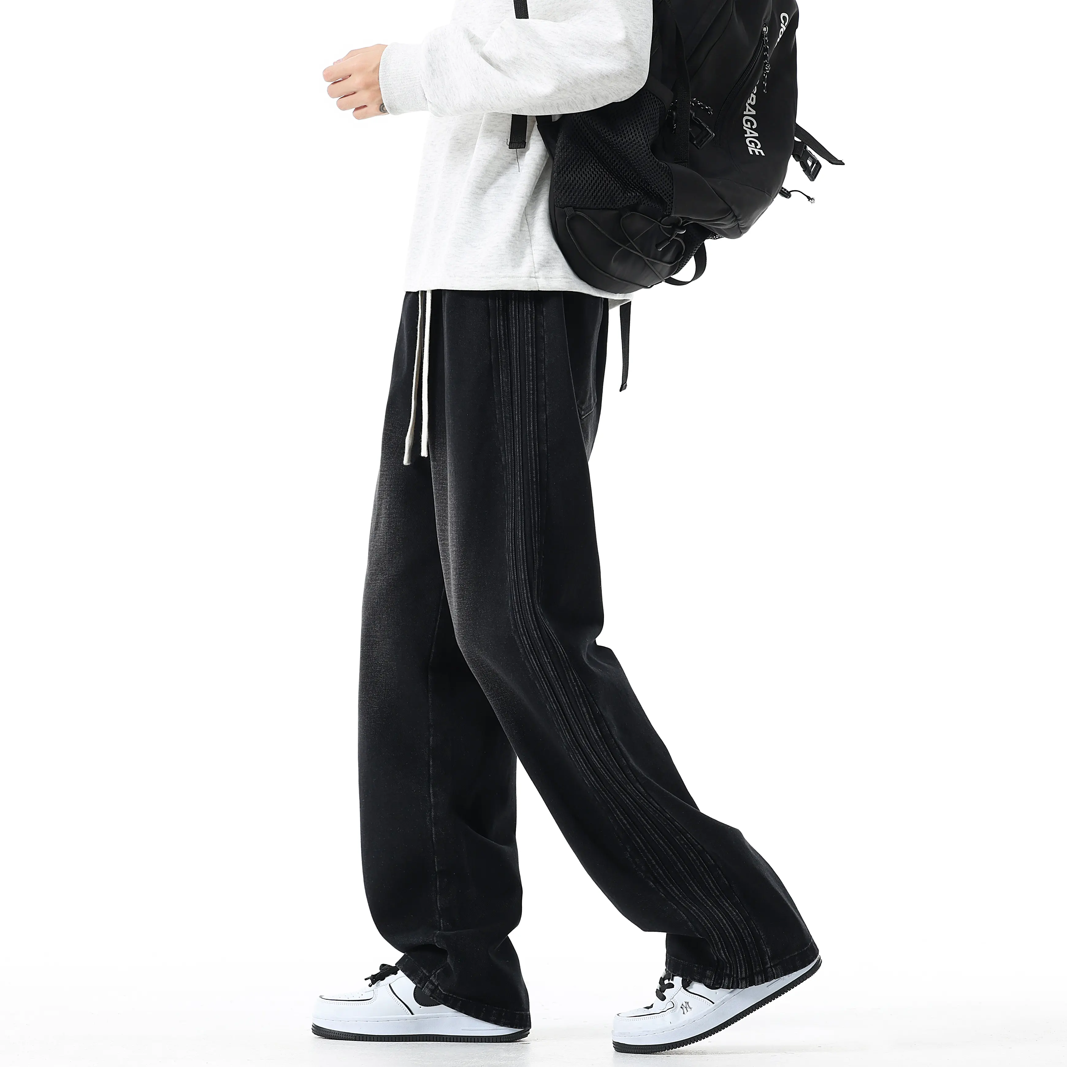 Men's Jeans Pants High Quality Elastic Waist Straight Cylinder