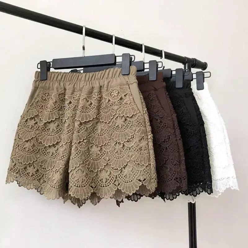 Lace Shorts Women's High Waisted Elastic Wide Leg Shorts