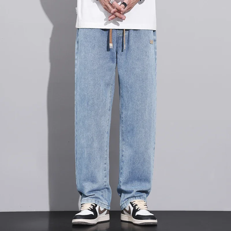 Men Stretch Elastic Waist Denim Pants Streetwear Loose Full Length Trousers Straight Wide Leg Drawstring Jeans