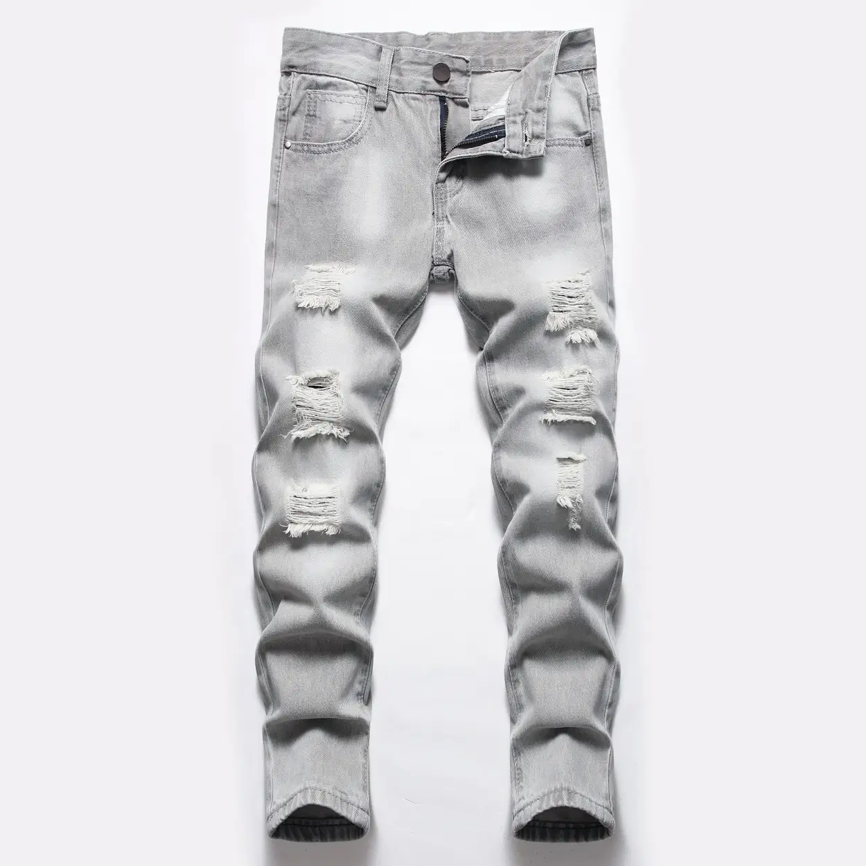 Men Jeans Straight Ripped Washed Distressed Pockets Stretch Casual Denim Trousers Streetwear