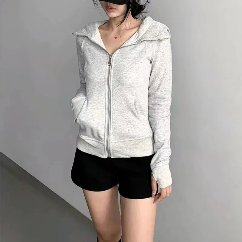 Casual Basic Zip Up Hooded Sweatshirt Solid Long S...