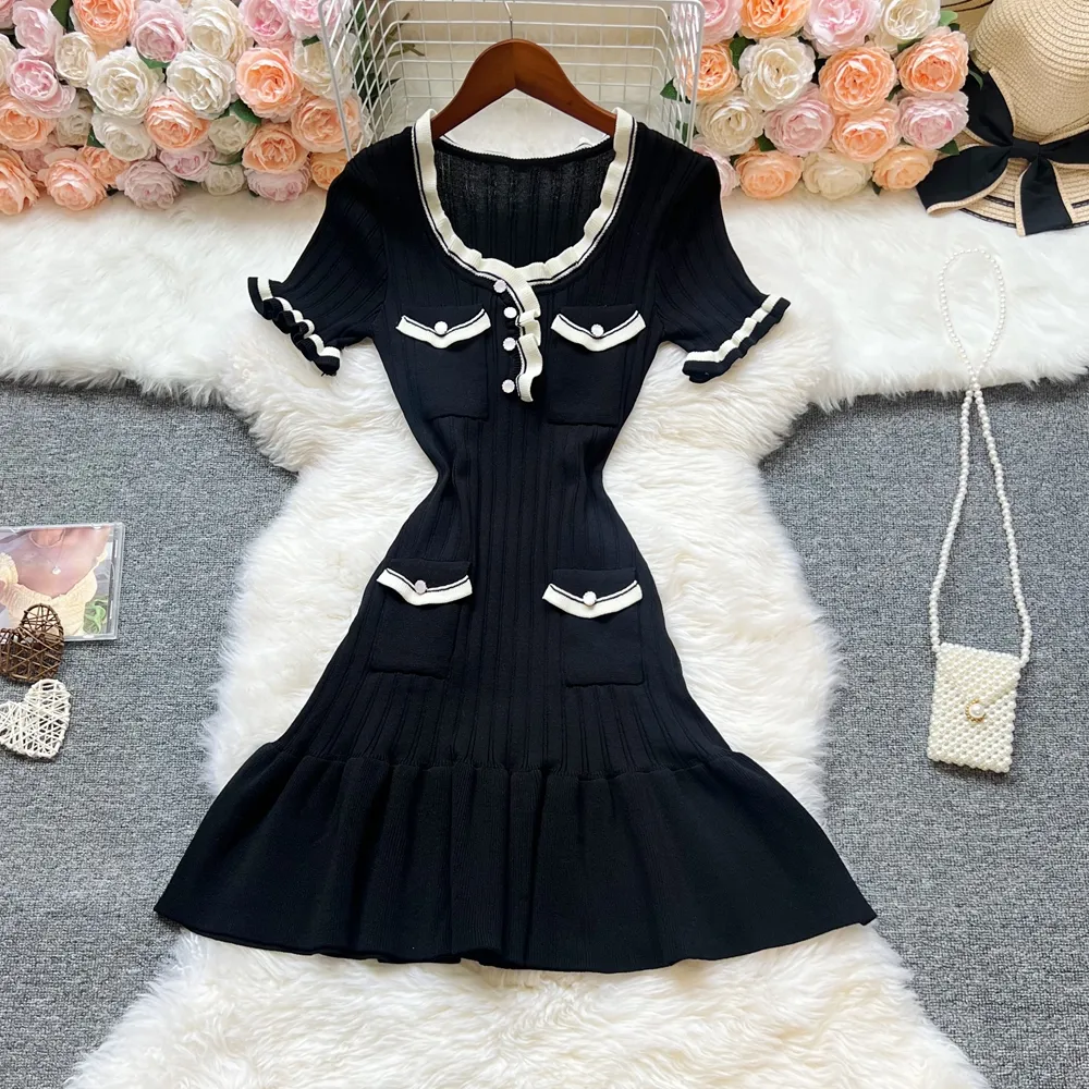 Fashion Sexy Package Hips Knitted Mini Women Elegant Black Ruffled