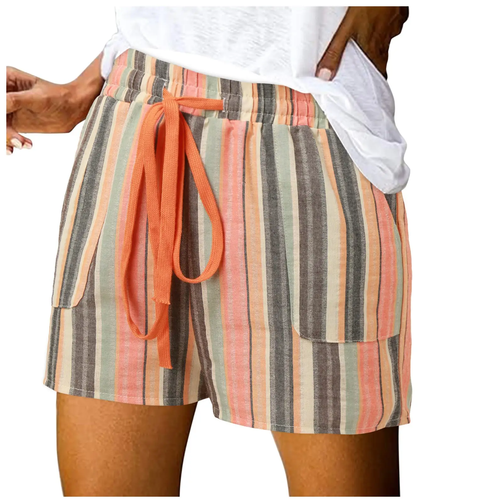 Women's Shorts Women Striped Shorts Drawstring High Waist Casual Summer Shorts