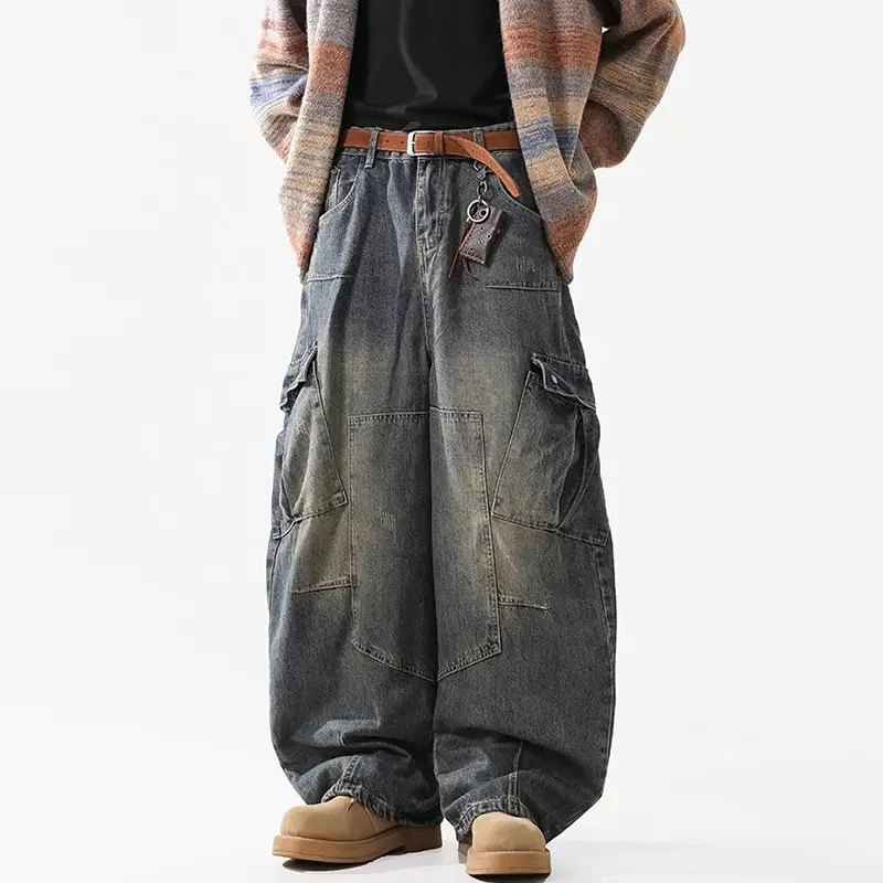 Men's Retro Multi Pocket Curved Knife Jeans Vintag...