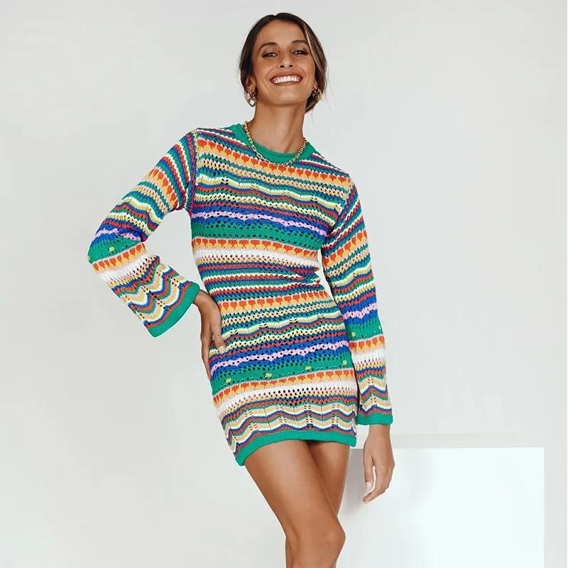 Casual Dresses wsevypo Bohemian Color Block Stripe...