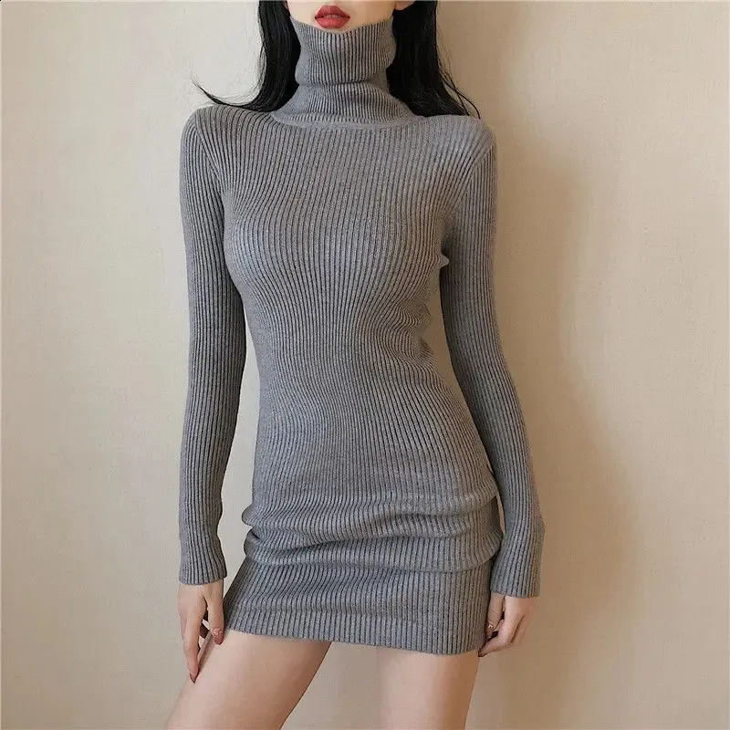 Solid Cotton Female Dress Short Extreme Mini Sexy Turtleneck Crochet Women's Knit Dresses Bodycon Fashion