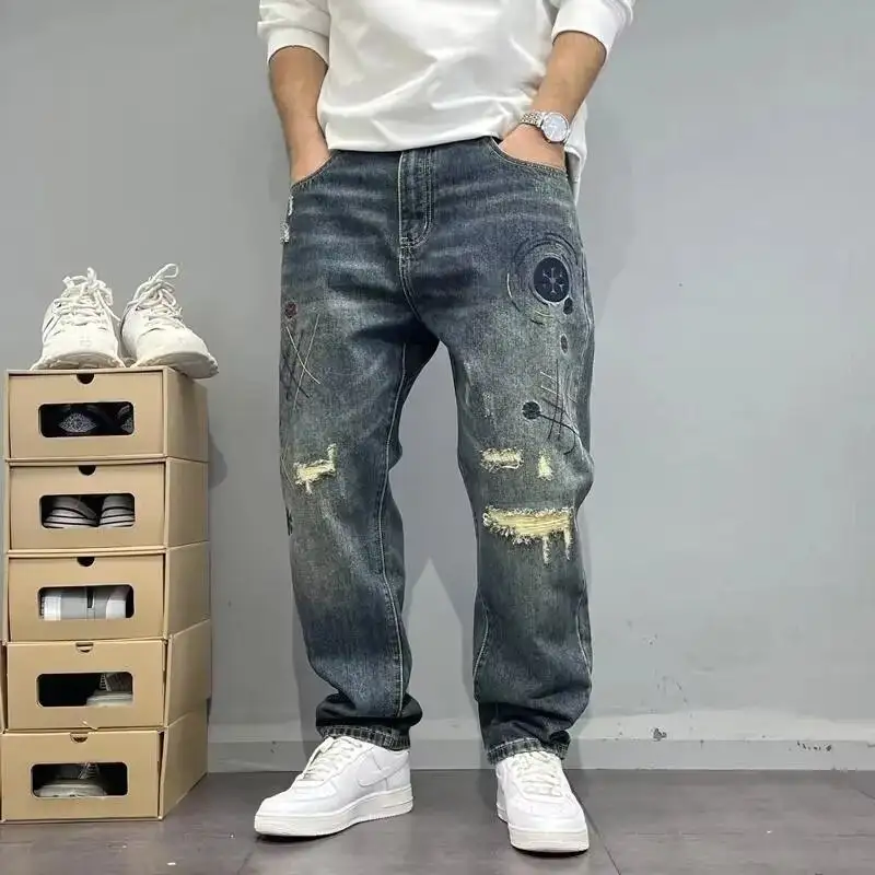 Men's Patched Loose Wide Leg Jeans Pants Vintage W...